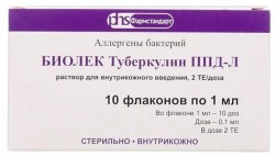 Биолек Туберкулин ППД-Л, р-р для в/к введ. 2 ТЕ/доза 1 мл (10 доз по 2 ТЕ в 0.1 мл) №10 флаконы